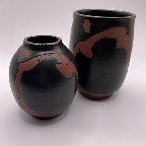 Studio Art Pottery Asian Inspired Set of Two Vases Jars Sgraffito Style
